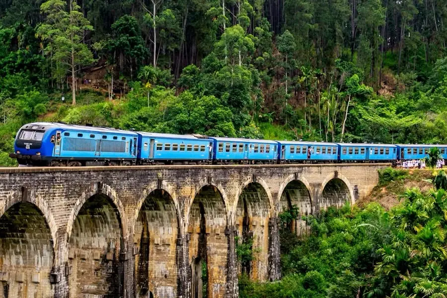Blue train crossing the Nine Arch Bridge through the Ella jungle