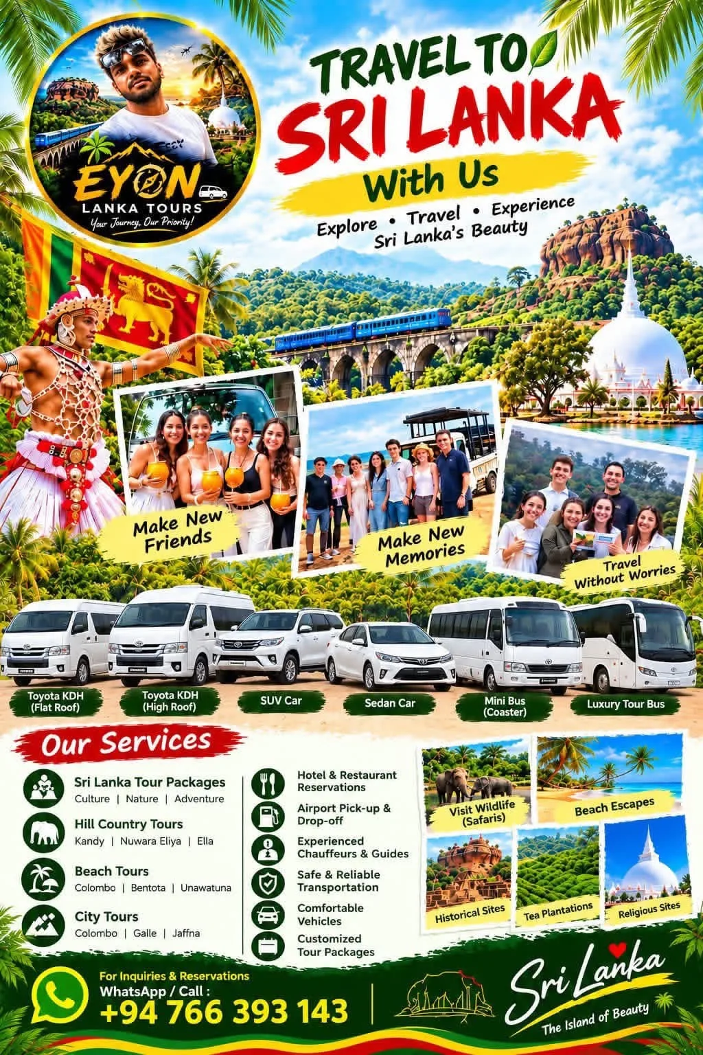 Eyon Lanka Tours poster: travel to Sri Lanka with a local driver, tour packages, vehicles and WhatsApp +94 766 393 143