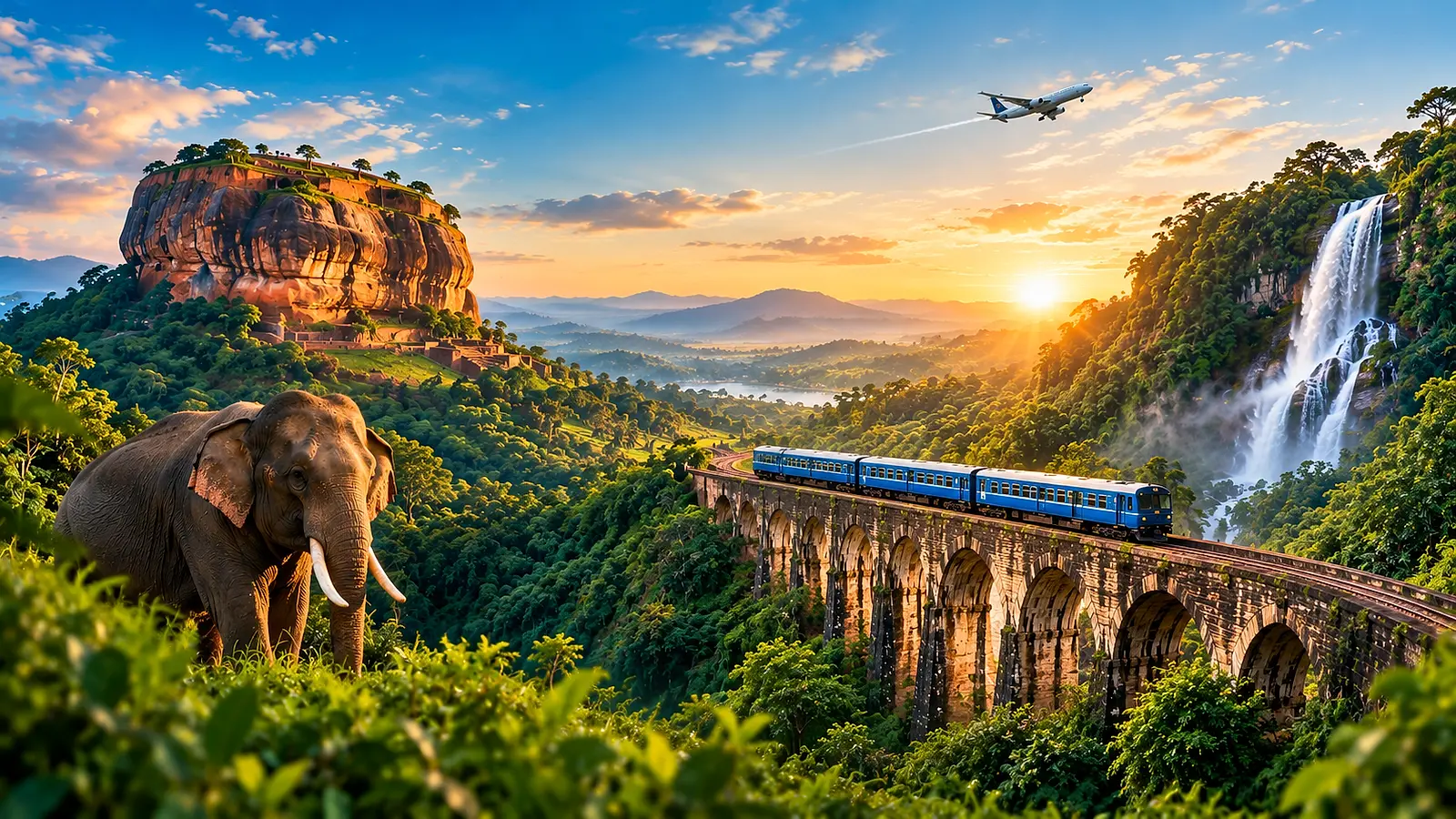 Sri Lanka collage: Sigiriya rock, an elephant, the blue train on the Nine Arch Bridge, a waterfall and a golden sunset