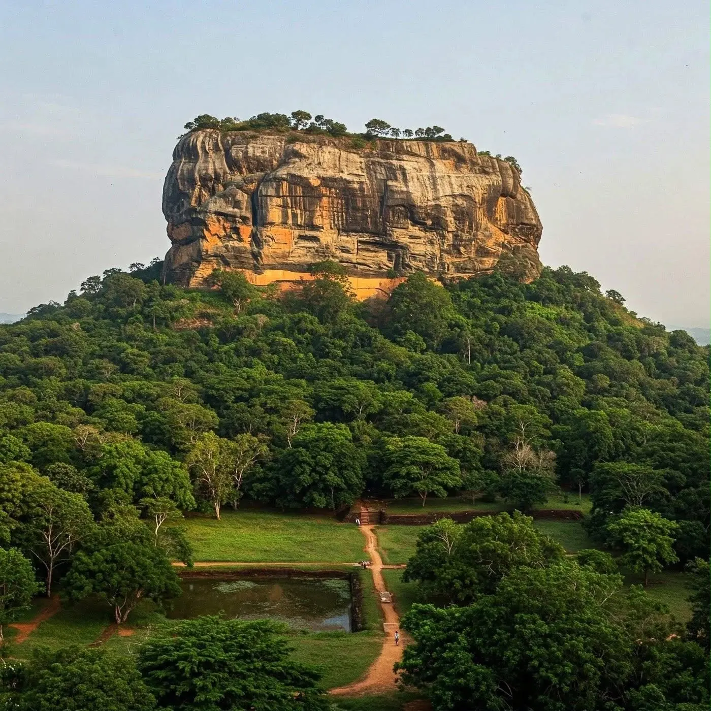 Sigiriya rock fortress rising above green jungle and gardens